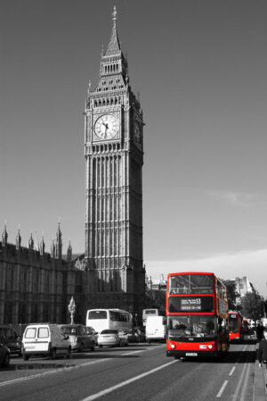 Big Ben in Black and White with Red London Buses
