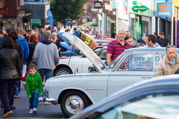 Crowds walking along Castle Street in Hinckley during the Classic Car Show on 20th September 2015