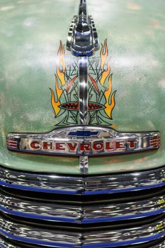 Bonnet artwork on a Chevrolet truck on display at the 2016 London Classic Car Show