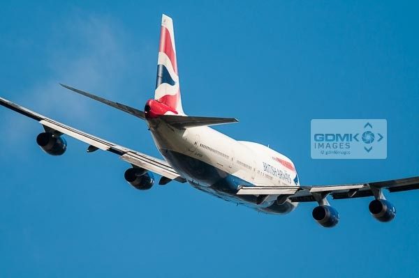 British Airways Boeing 747-400 Rear view of a British Airways Boeing 747 Jumbojet aircraft banking away after taking off