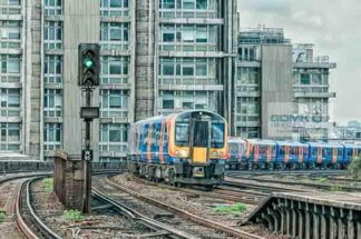 Digital art of a South Western trains commuter train approaching Vauxhall in South London
