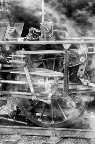 Close up view of a the mechanism around a steam locos wheel