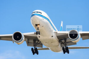 Front view of a Kuwait Airways Boeing 777 as it comes in to land at London Heathrow airport
