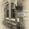 1960s railway station Scene Antique effect photo of a 1960s scene showing 2 bicycles leaning against a station building.