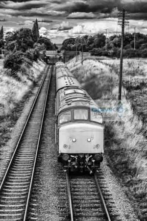 Black and white image of class 45 diesel locomotive D123 recreating a scene from the 1970s and 80s as it heads a train on the Great Central Railway near Loughborough