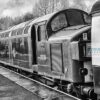 Black and white photo of Class 40 loco D335 (40135) at Rawtenstall Railway Station D335 waiting to depart Rawtenstall Railway Station on the East Lancs Railway during the English Electric theme day on 11th January 2014. The class 40 will take the train back to Heywood.
