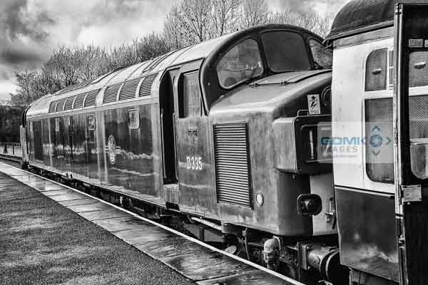 Black and white photo of Class 40 loco D335 (40135) at Rawtenstall Railway Station D335 waiting to depart Rawtenstall Railway Station on the East Lancs Railway during the English Electric theme day on 11th January 2014. The class 40 will take the train back to Heywood.