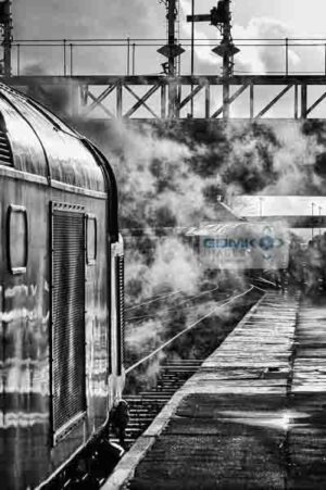 D345 with copious amounts of steam coming from D335 (out of scene) waiting for 50015 to arrive from Heywood in the distance. These two classic english electric designs meet at Bury on the East Lancs Railway during the English Electric theme day on 11th January 2014.