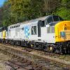 Double Headed Railfreight Class 37s English Electric Class 37 locos 37227 and 37905 in Railfreight Metals livery double head a train at Shackerstone on the Battlefield Line