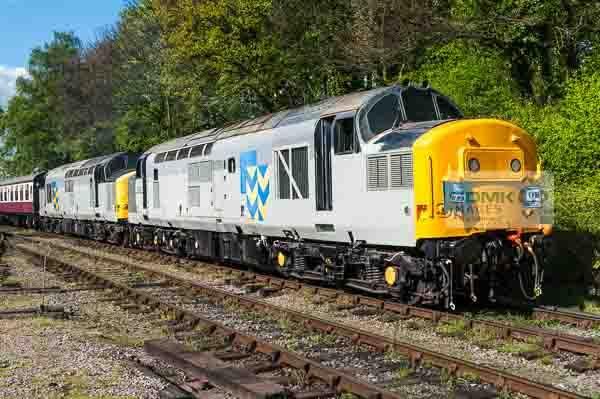 Double Headed Railfreight Class 37s English Electric Class 37 locos 37227 and 37905 in Railfreight Metals livery double head a train at Shackerstone on the Battlefield Line