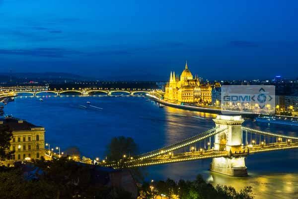 Dusk over Chain Bridge and River Danube Looking down on the Chain Bridge, River Danube and Parliament building in Budapest in evening light