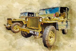 Digital art picture of 2 World War 2 era Hodgkiss Jeeps
