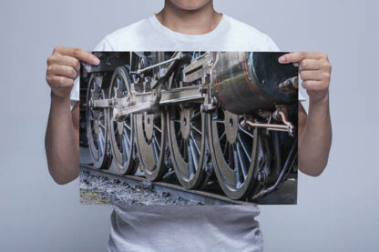 Man Holding BR Standard 9F Steam Loco Driving Wheels Art Print