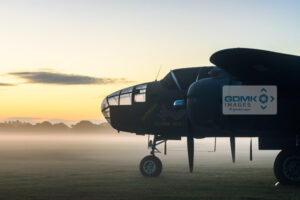 Mitchell B-25 Bomber 'Sarinah' of the Royal Netherlands Air Force Historical Flight basks in the early morning sunlight surrounded in mist at Headcorn Airfield