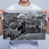Man Holding Black and White Steam Train at Darley Dale Station Wall Art Print Man Holding Black and White Steam Train at Darley Dale Station Wall Art Print