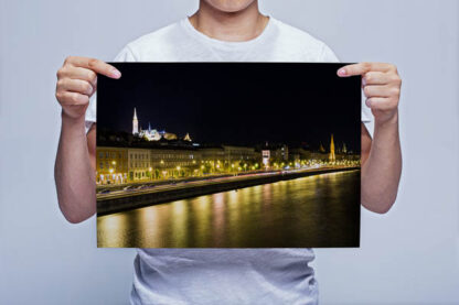 Man Holding Budapest Night River Reflections Wall Art Print