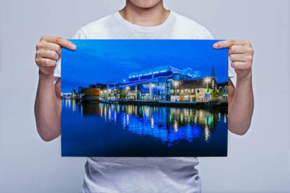 Man Holding Evening Light Over Brayford Pool in Lincoln Wall Art Print