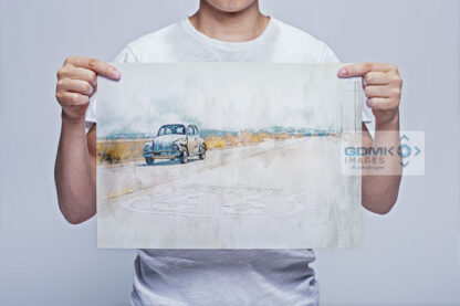 Man Holding VW Beetle on Route 66 Digital Art Print