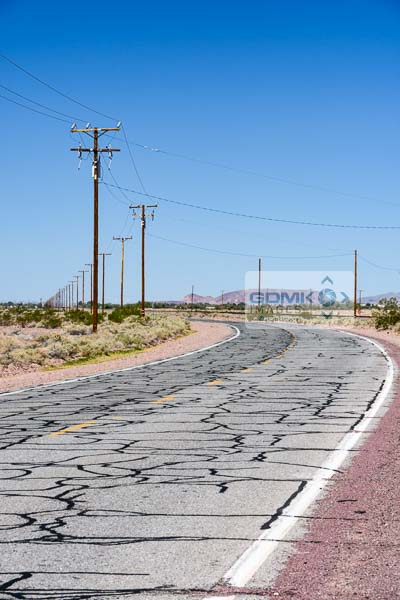 Looking along a section of the Historic Route 66 highway near Barstow in California