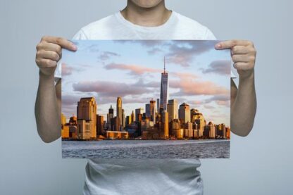 Man Holding New York Cityscape Sunset Wall Art Print