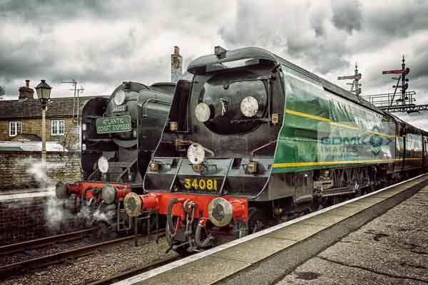 Bulleid Pacifics 34081 and 34053 at Wansford Bulleid Pacifics 34081 and 34053 at Wansford railway station on the Nene Valley Railway