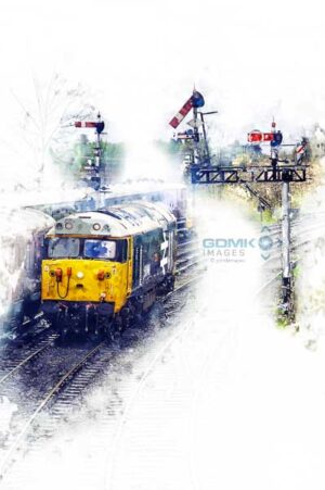 Digital art showing class 50 loco 50049 Defiance in a 1980s setting
