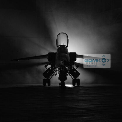 Royal Air Force Jaguar aircraft with dramatic black and white lighting