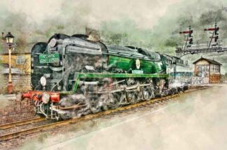 Digital painting of Bulleid Pacific 34053 Sir Keith Park at Wansford station on the Nene Valley Railway