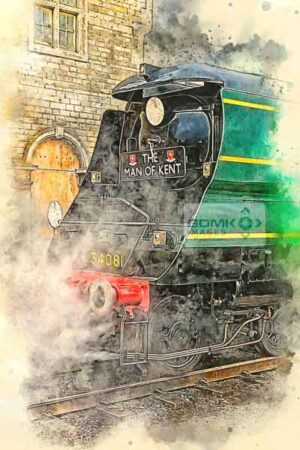 Digital painting of the front of Bulleid Pacific 34081 92 Squadron at Wansford on the Nene Valley Railway