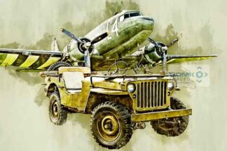 Digital Painting of a Willys Jeep in front of a C-47 Skytrain