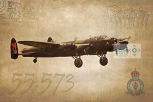 Digital art creation depicting an RAF Lancaster Bomber featuring the Bomber Commandlogo and ghostlike renditions of wartime aircrew