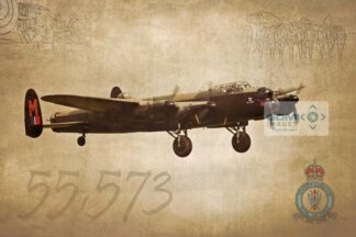 Digital art creation depicting an RAF Lancaster Bomber featuring the Bomber Commandlogo and ghostlike renditions of wartime aircrew
