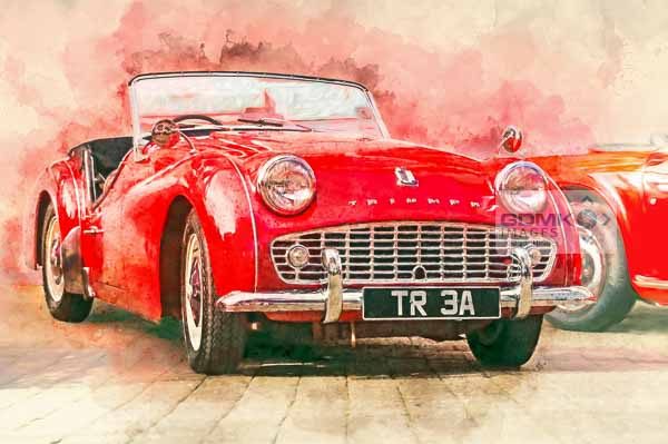Digital painting of a red Triumph TR3A classic car