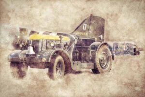 A WW2 Ambulance waits to take an injured crewman from a C-47 Dakota with an RAF tractor ready to return the aircraft to its hangar
