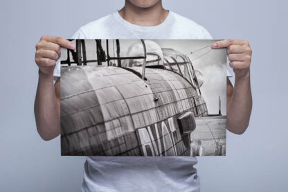 Man Holding Black and White Lancaster Bomber Rear View Wall Art Print