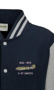RAF C47 Dakota Classic Military Aircraft Oxford Blue Varsity Jacket snippet RAF C47 Dakota Classic Military Aircraft Oxford Blue Varsity Jacket snippet