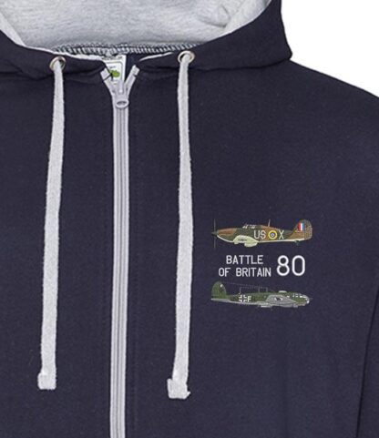 Battle of Britain 80 Adversaries Hurricane v HE111 Navy Blue and Heather Grey Zipped Hoodie