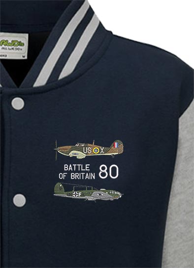 Battle of Britain 80 Adversaries Hurricane v HE111 Oxford Blue Varsity Jacket snippet