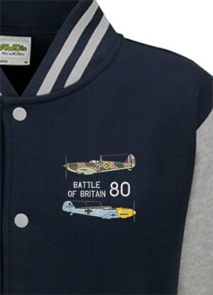 Battle of Britain 80 Adversaries Spitfire v ME109 Oxford Blue Varsity Jacket snippet