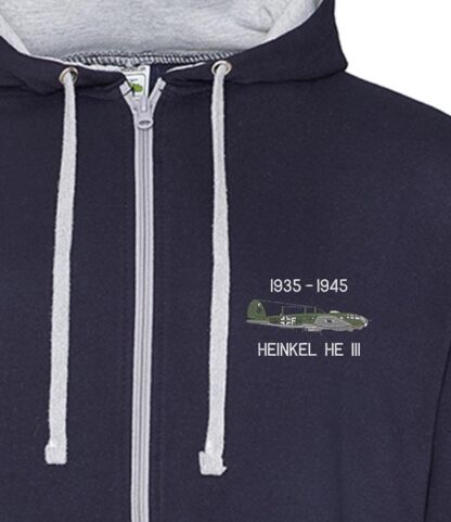 Classic Military Aircraft Heinkel 111 Navy Blue and Heather Grey Zipped Hoodie