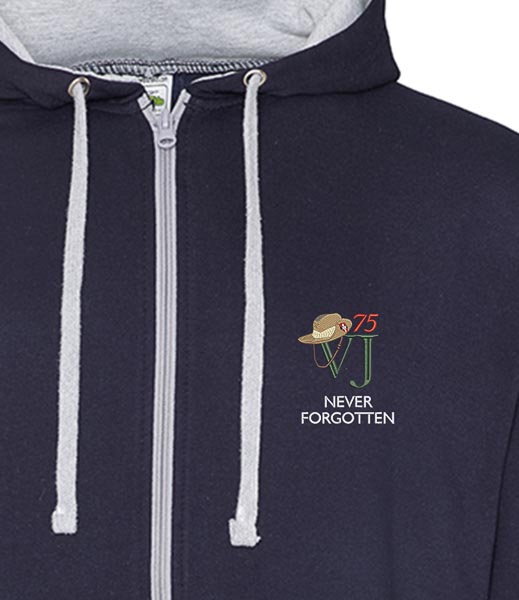 VJ Day 75 Never Forgotten Navy Blue and Heather Grey Zipped Hoodie