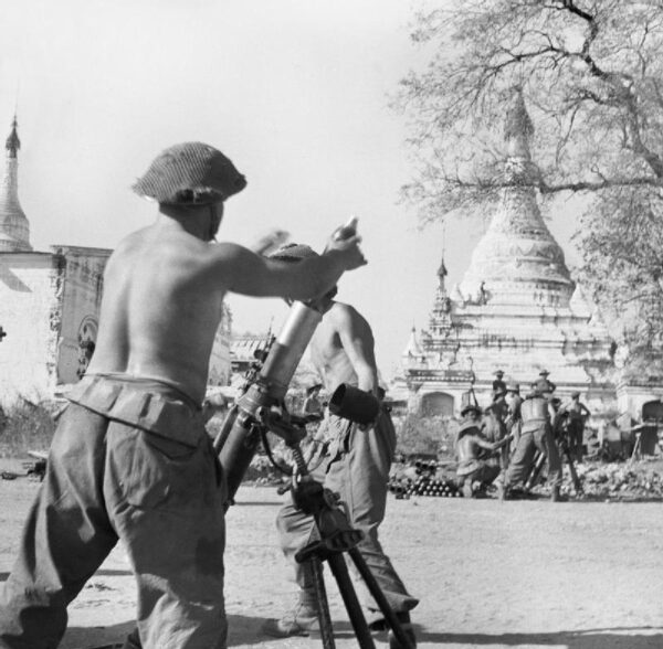 British mortars in action during the fighting for Meiktila in Burma 28 February 1945. SE3281.