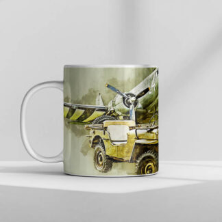 Willys Jeep in front of a C-47 Skytrain Mug