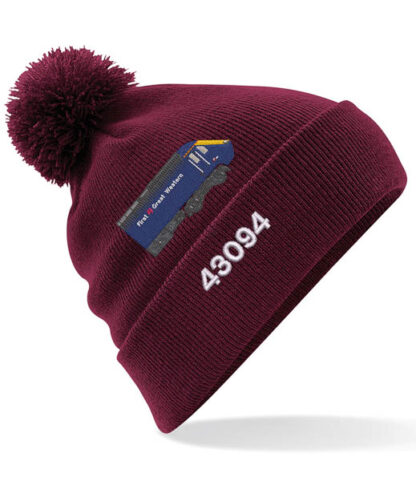 43094 GWR Blue Burgundy Pom Pom Beanie with number