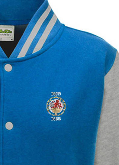 Lion and wheel logo Sapphire Blue and Grey Varsity Jacket Lion and wheel logo Sapphire Blue and Grey Varsity Jacket