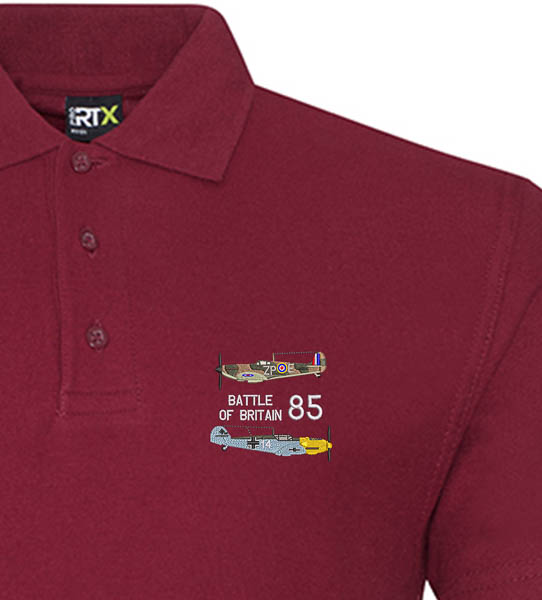 BoB 85 Spitfire and Me109 Burgundy Polo BoB 85 Spitfire and Me109 Burgundy Polo