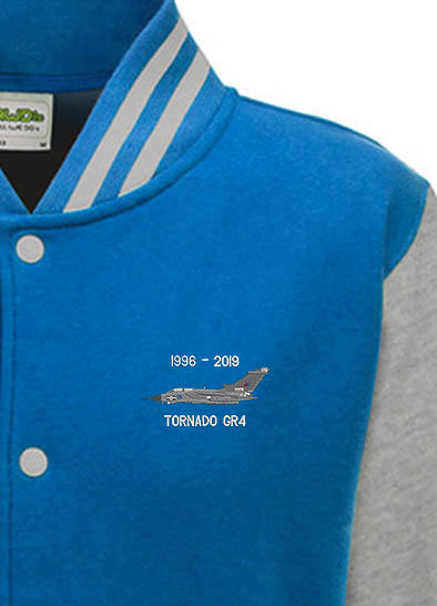 Tornado GR4 12 sqn Sapphire Blue and Grey Varsity Jacket Tornado GR4 12 sqn Sapphire Blue and Grey Varsity Jacket