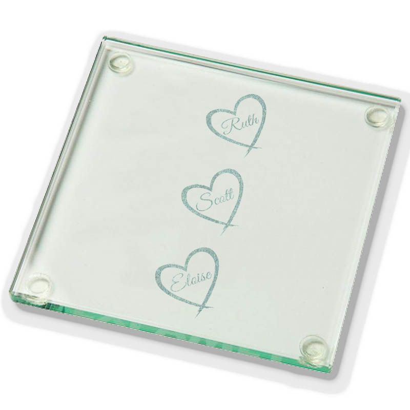 Personalised named hearts Laser Cut Glass Coaster