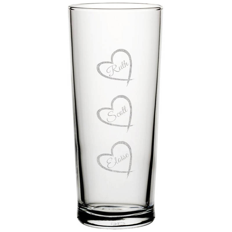 Personalised named hearts Laser Cut Pint Glass