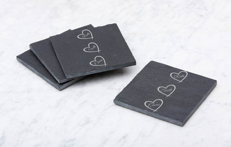 Personalised named hearts Laser Etched Slate Coaster